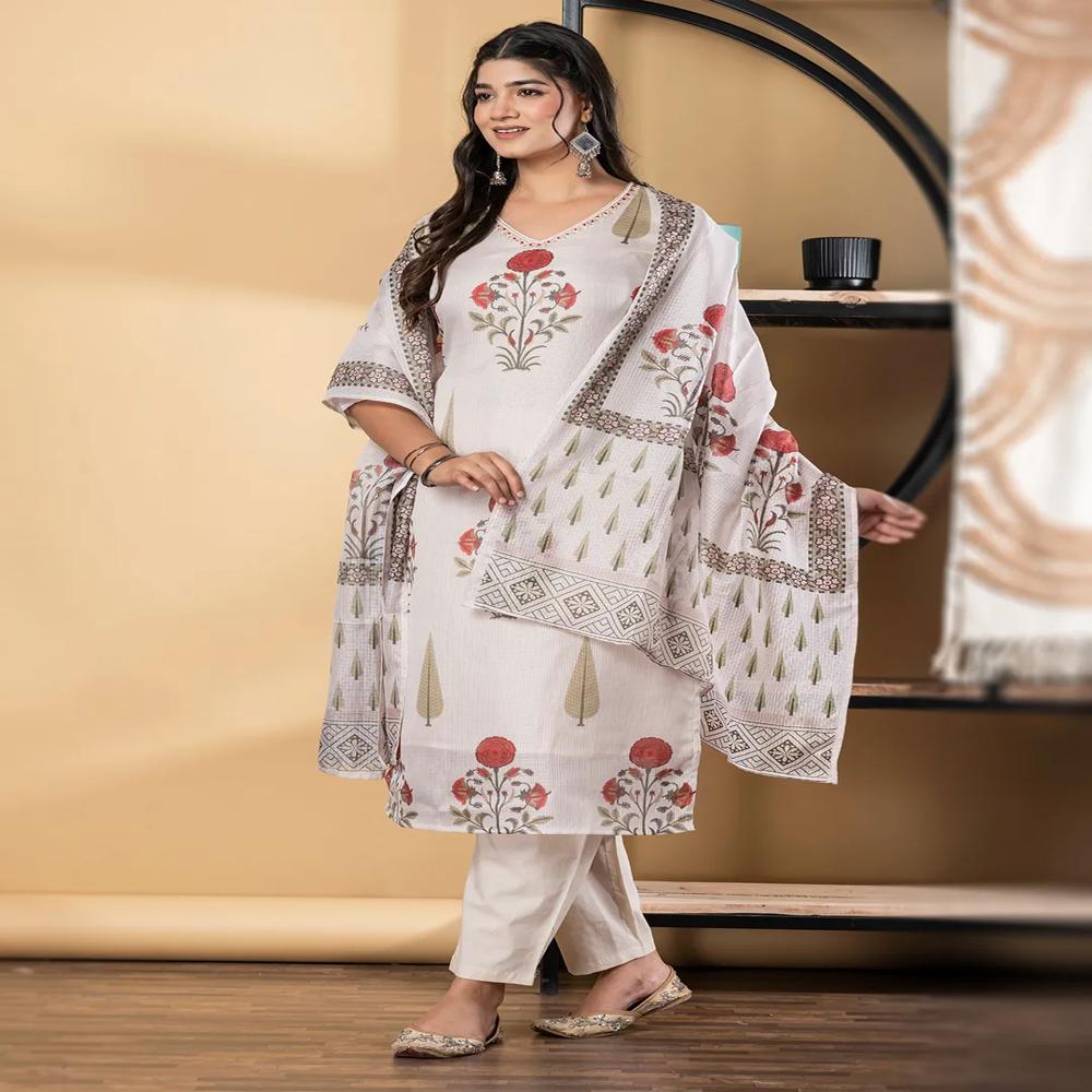 Straight Style Kota Doria Fabric Off White Color Kurta And Bottom With Dupatta