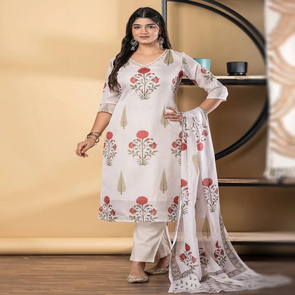 Straight Style Kota Doria Fabric Off White Color Kurta And Bottom With Dupatta