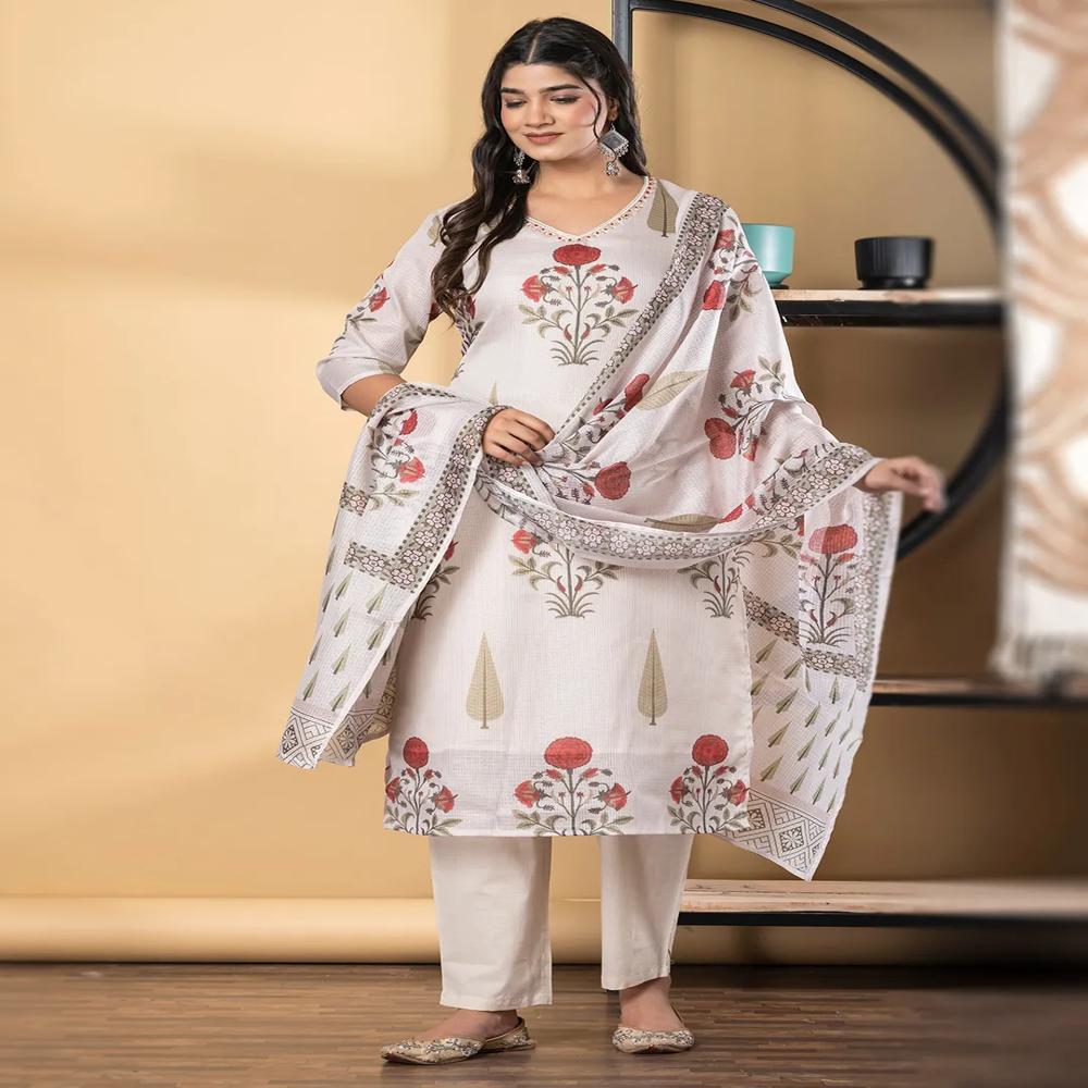 Straight Style Kota Doria Fabric Off White Color Kurta And Bottom With Dupatta