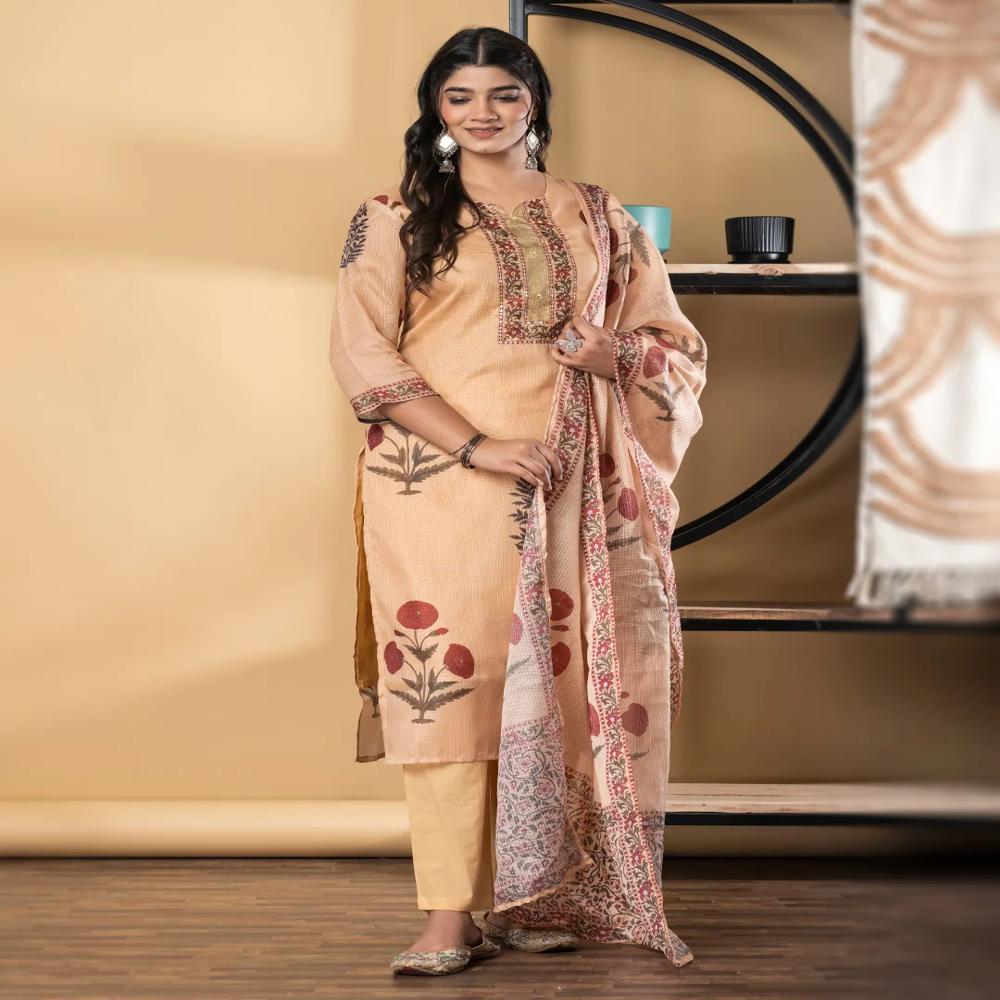 Straight Style Kota Doria Fabric Mustard Color Kurta And Bottom With Dupatta