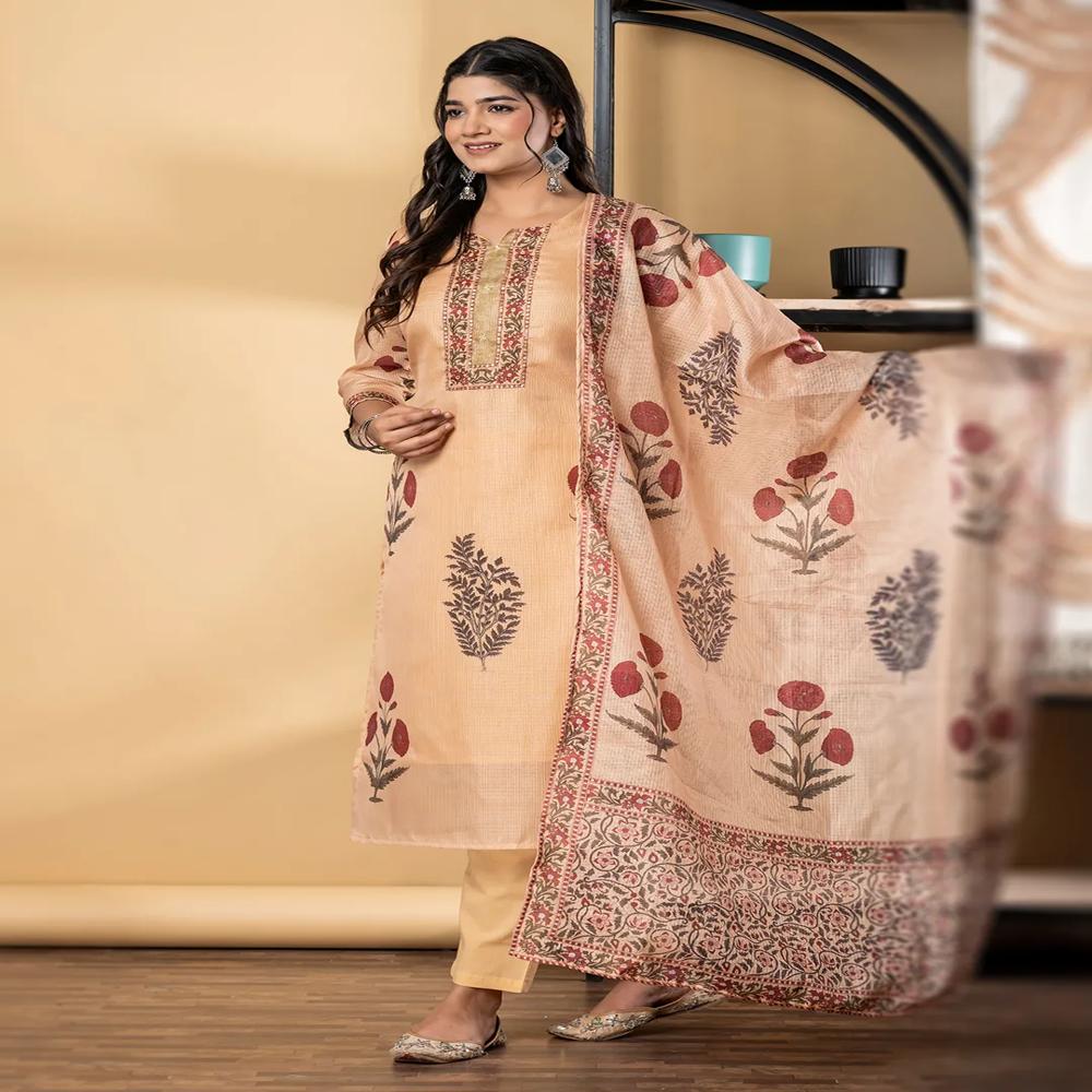 Straight Style Kota Doria Fabric Mustard Color Kurta And Bottom With Dupatta