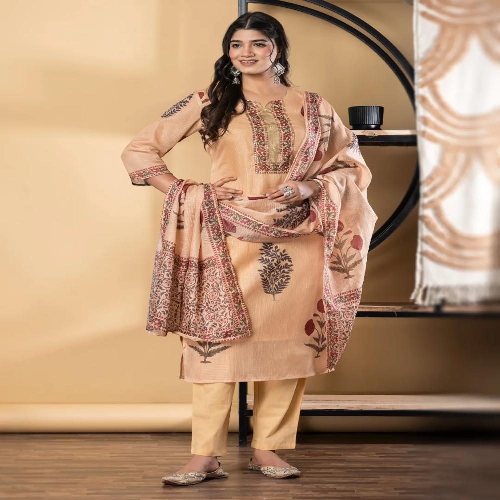 Straight Style Kota Doria Fabric Mustard Color Kurta And Bottom With Dupatta