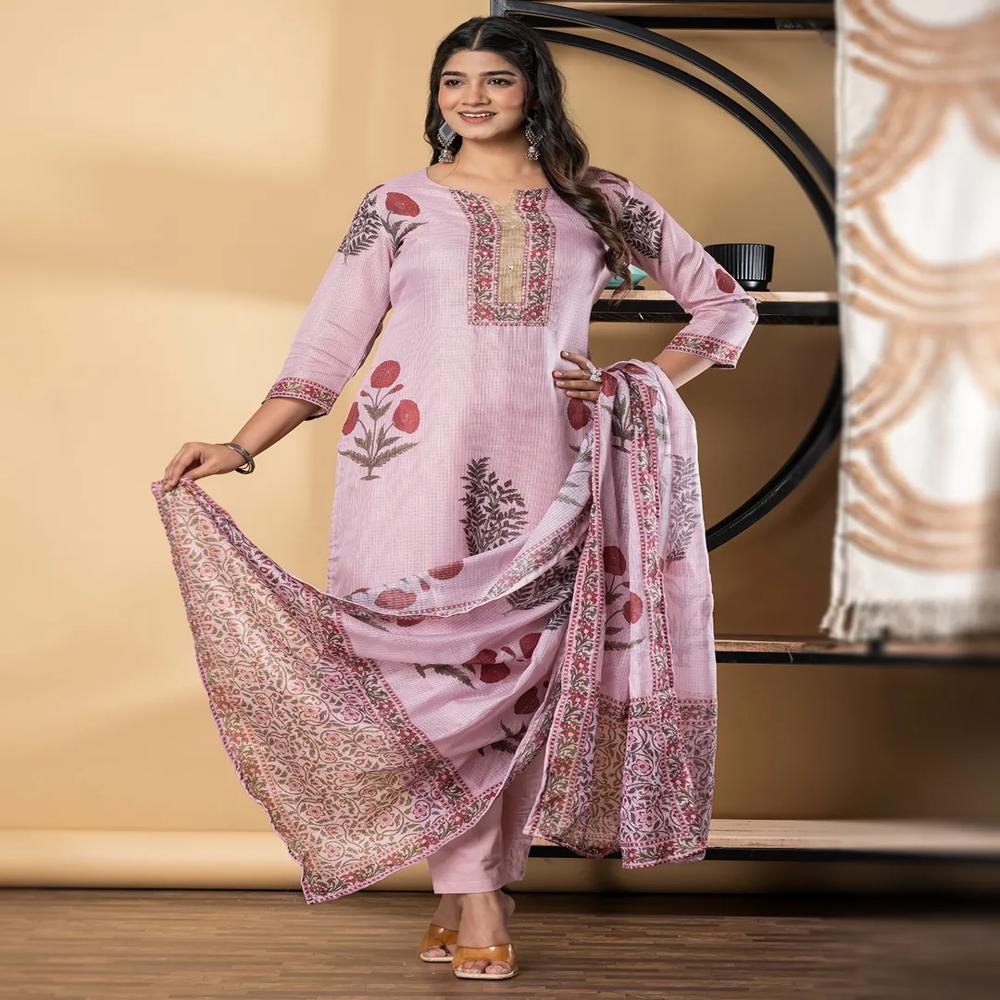 Straight Style Kota Doria Fabric Pink Color Kurta And Bottom With Dupatta