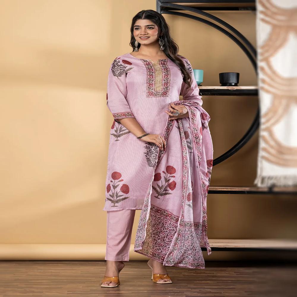 Straight Style Kota Doria Fabric Pink Color Kurta And Bottom With Dupatta