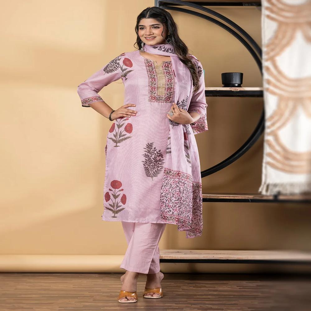 Straight Style Kota Doria Fabric Pink Color Kurta And Bottom With Dupatta