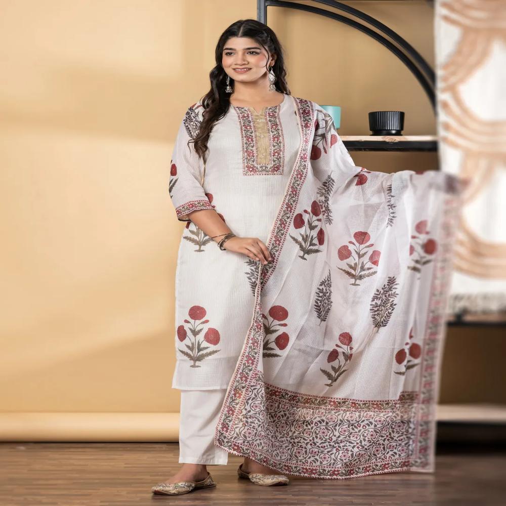 Straight Style Kota Doria Fabric Off White Color Kurta And Bottom With Dupatta