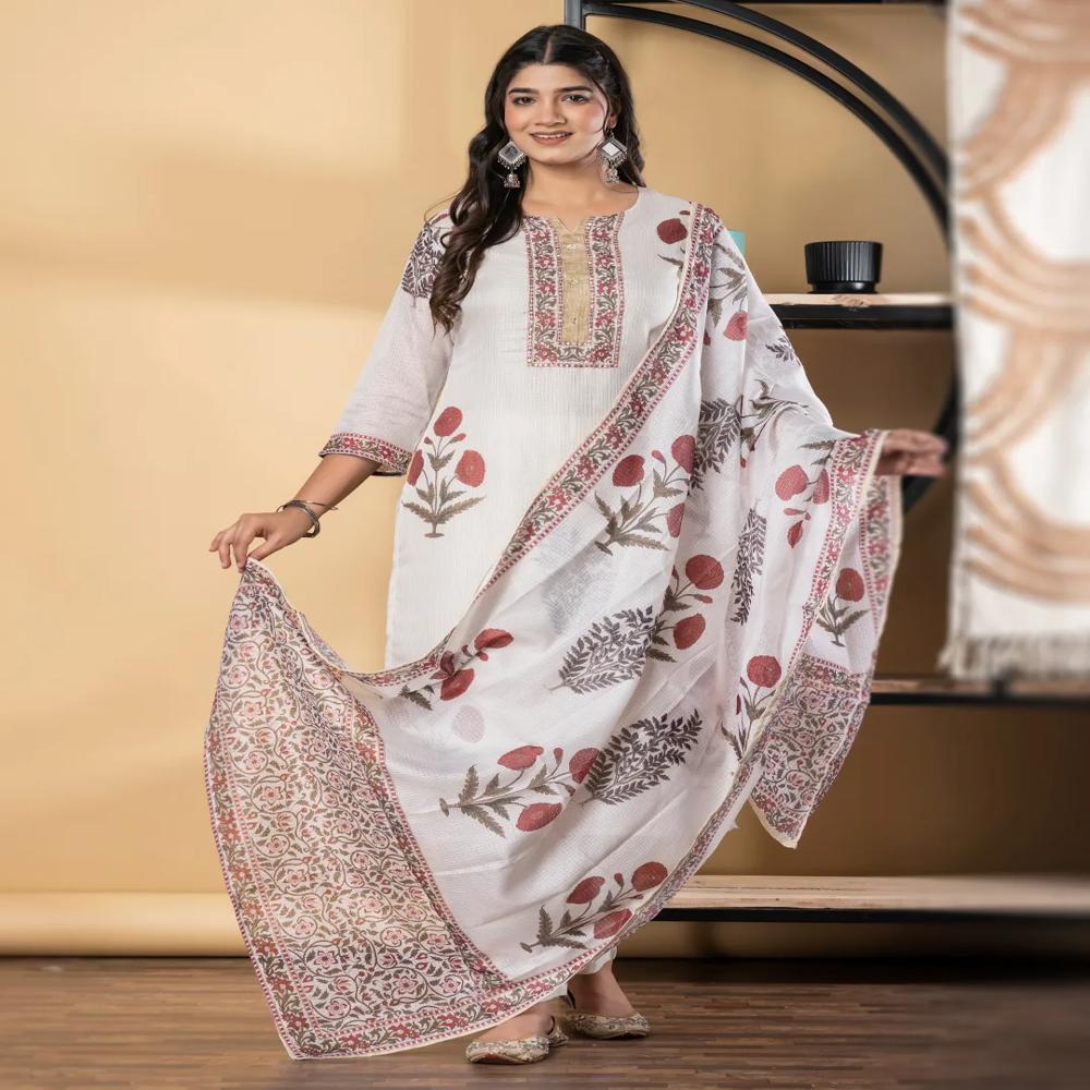 Straight Style Kota Doria Fabric Off White Color Kurta And Bottom With Dupatta