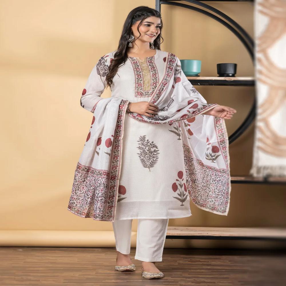 Straight Style Kota Doria Fabric Off White Color Kurta And Bottom With Dupatta