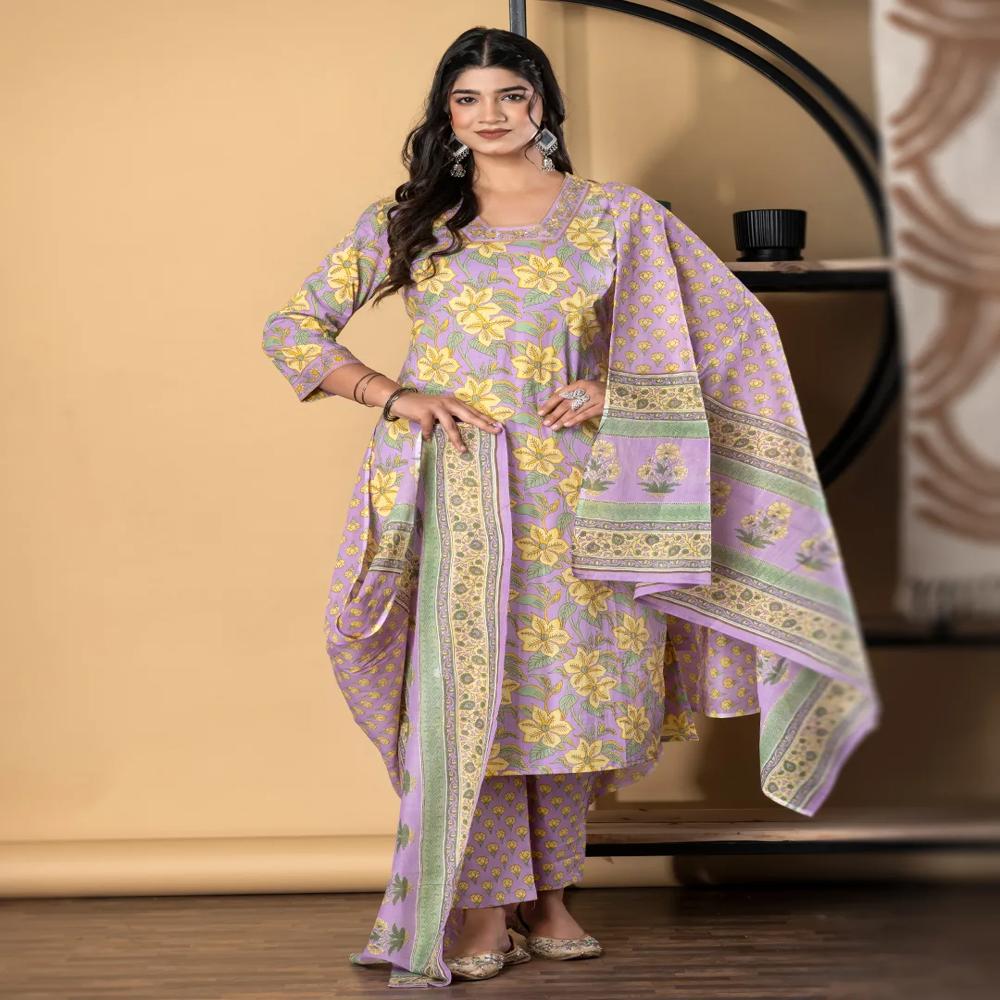 Straight Style Cotton Fabric Violet Color Kurta And Bottom With Dupatta