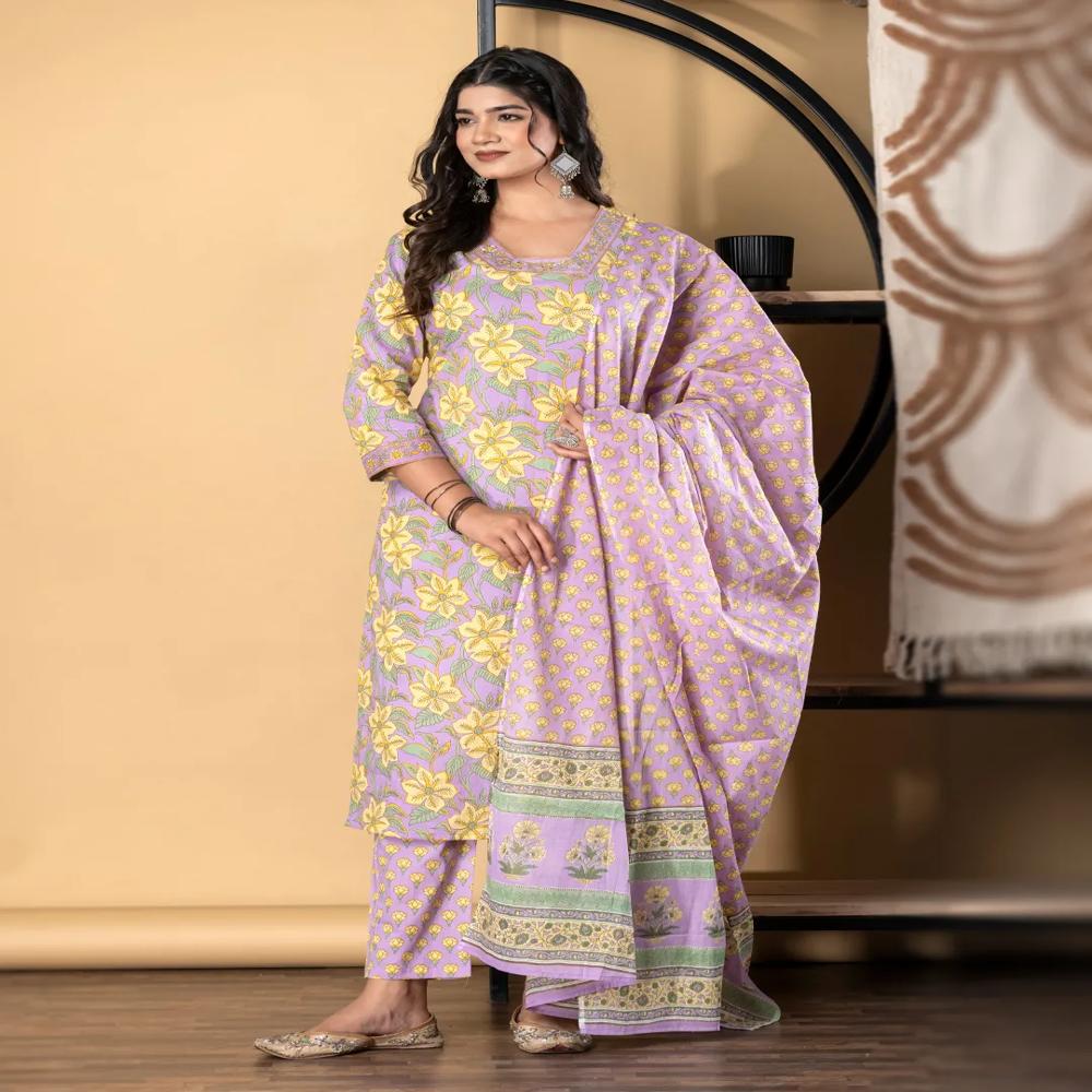 Straight Style Cotton Fabric Violet Color Kurta And Bottom With Dupatta