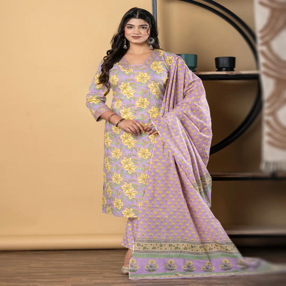 Straight Style Cotton Fabric Violet Color Kurta And Bottom With Dupatta