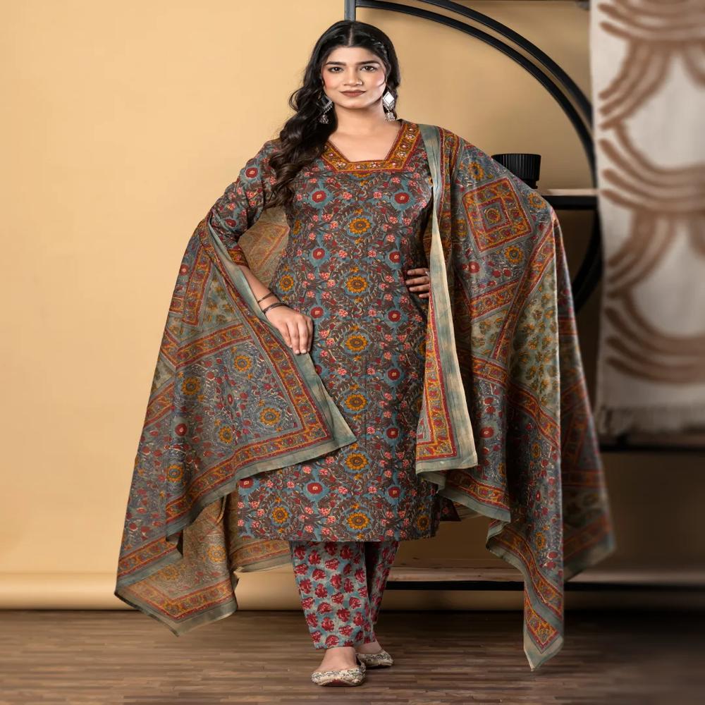 Straight Style Cotton Fabric Multicolor Kurta And Bottom With Dupatta