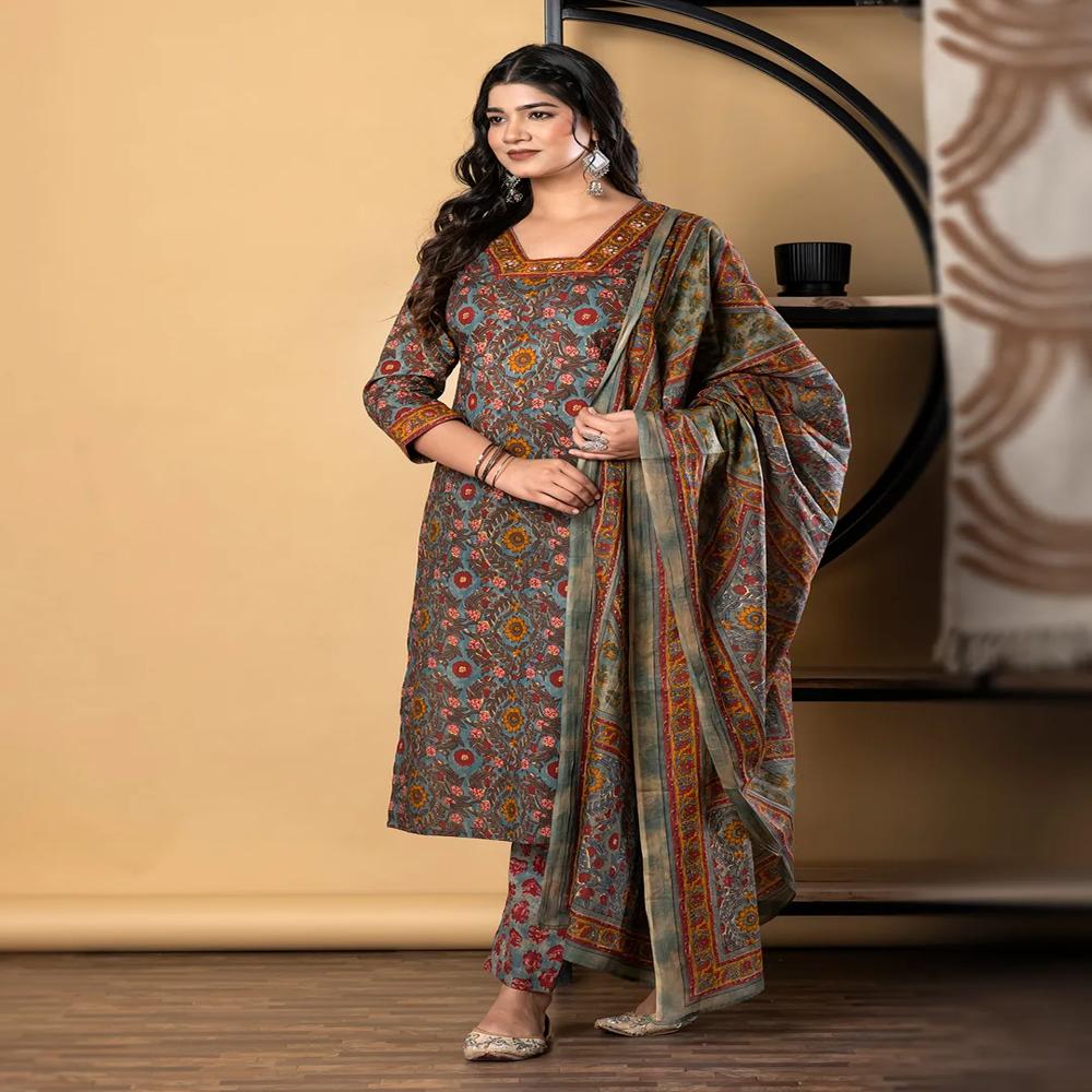 Straight Style Cotton Fabric Multicolor Kurta And Bottom With Dupatta