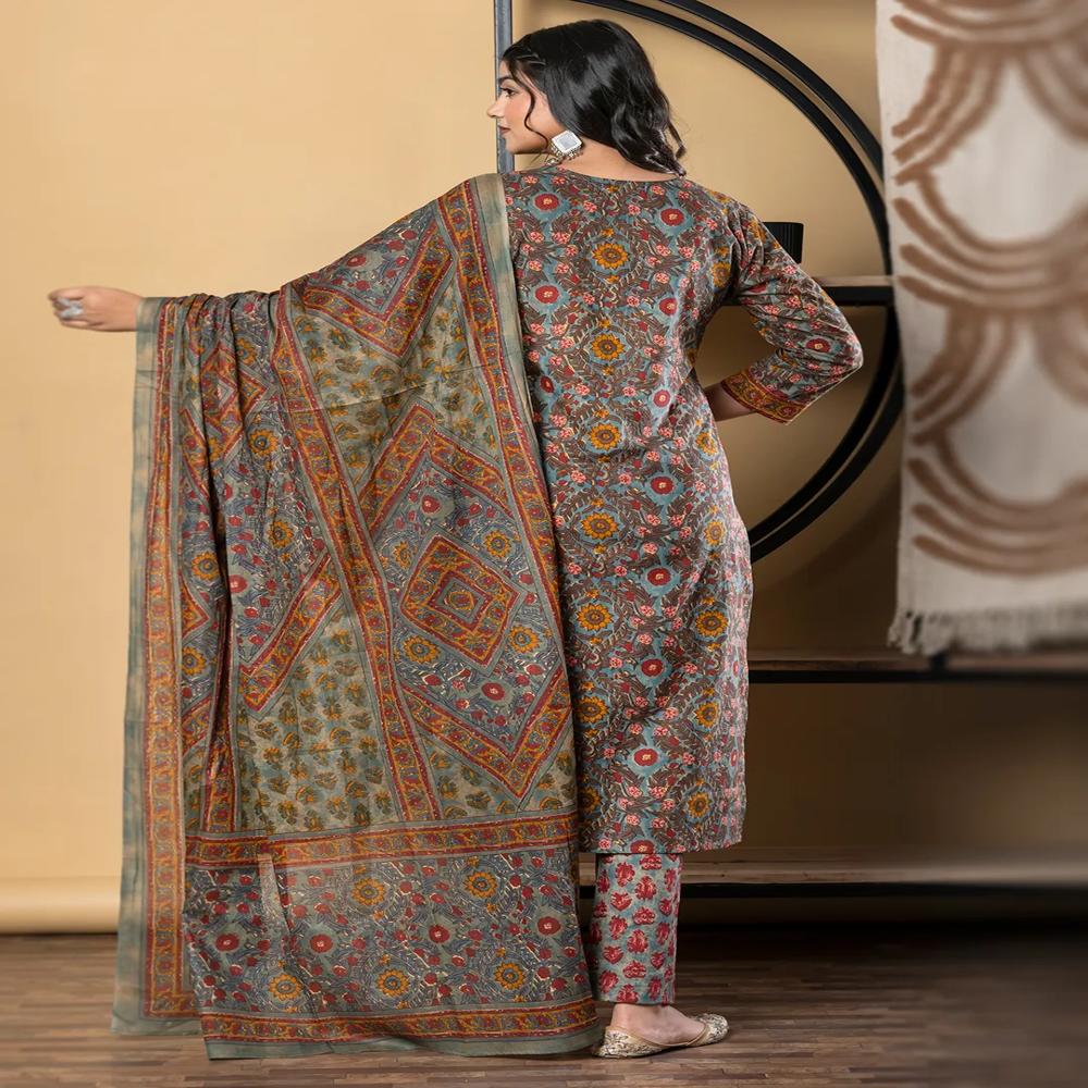 Straight Style Cotton Fabric Multicolor Kurta And Bottom With Dupatta