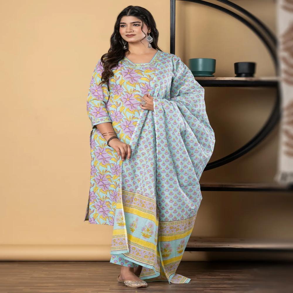 Straight Style Cotton Fabric Sea Green Color Kurta And Bottom With Dupatta