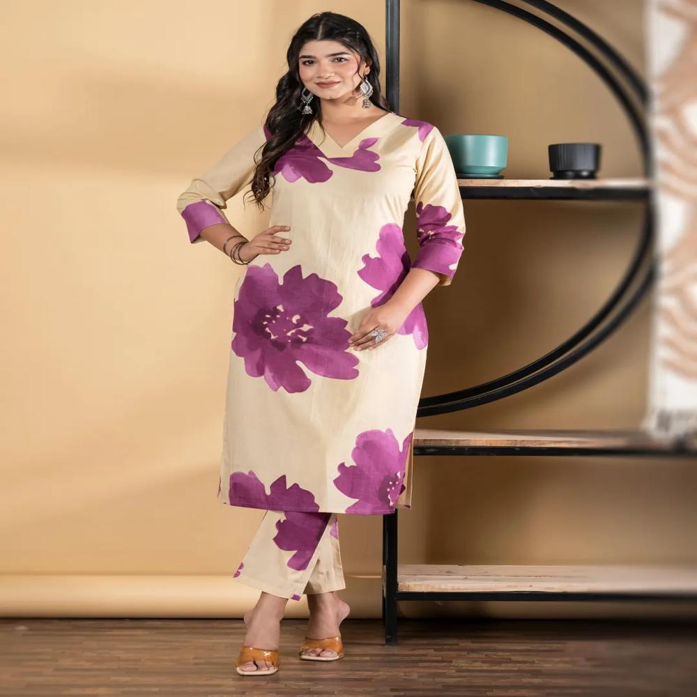 Straight Style Cotton Fabric Magenta Color Kurta And Bottom 