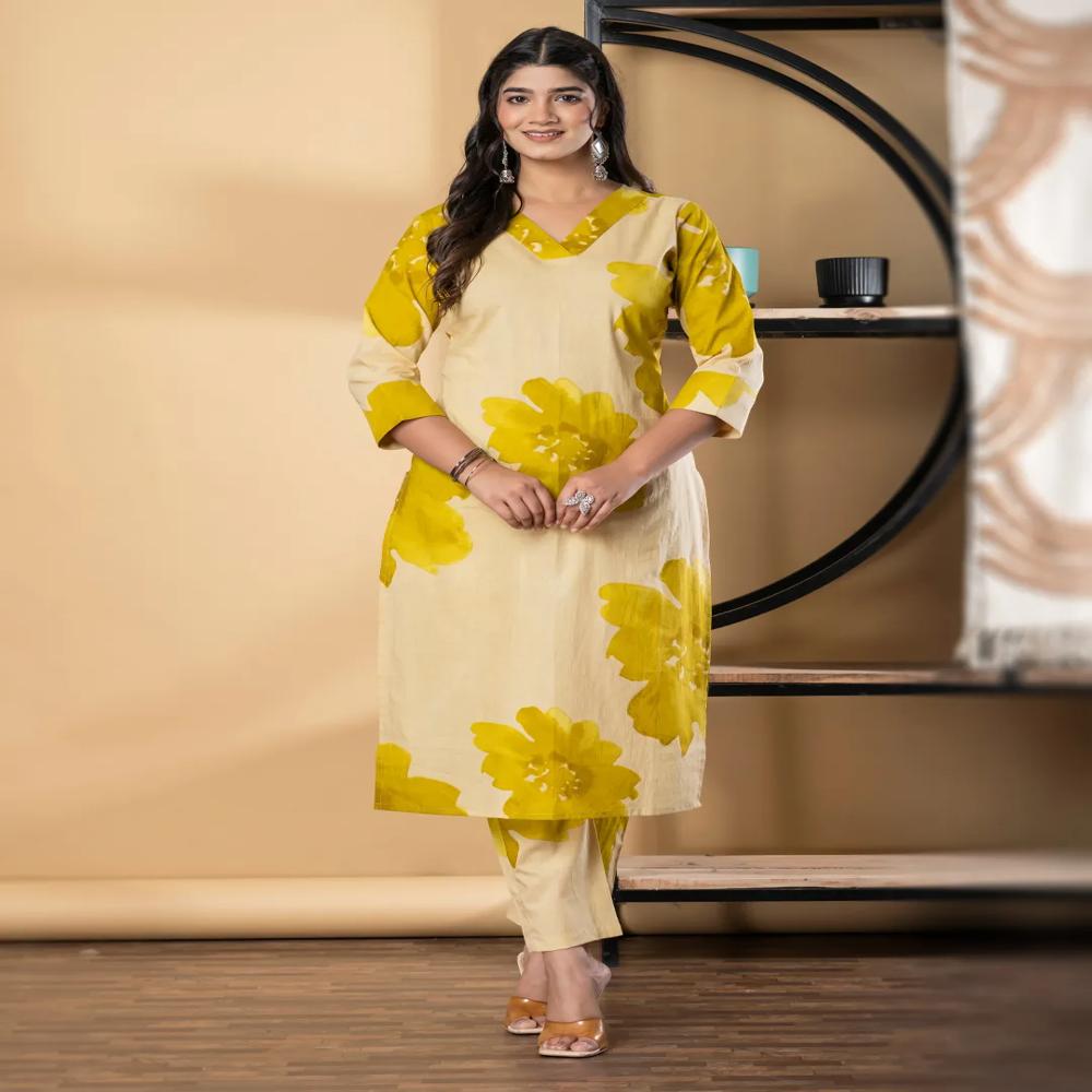 Straight Style Cotton Fabric Gold Color Kurta And Bottom