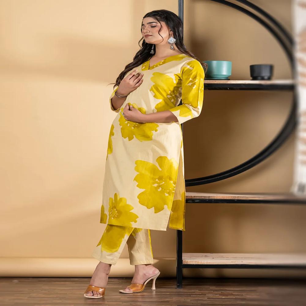 Straight Style Cotton Fabric Gold Color Kurta And Bottom 