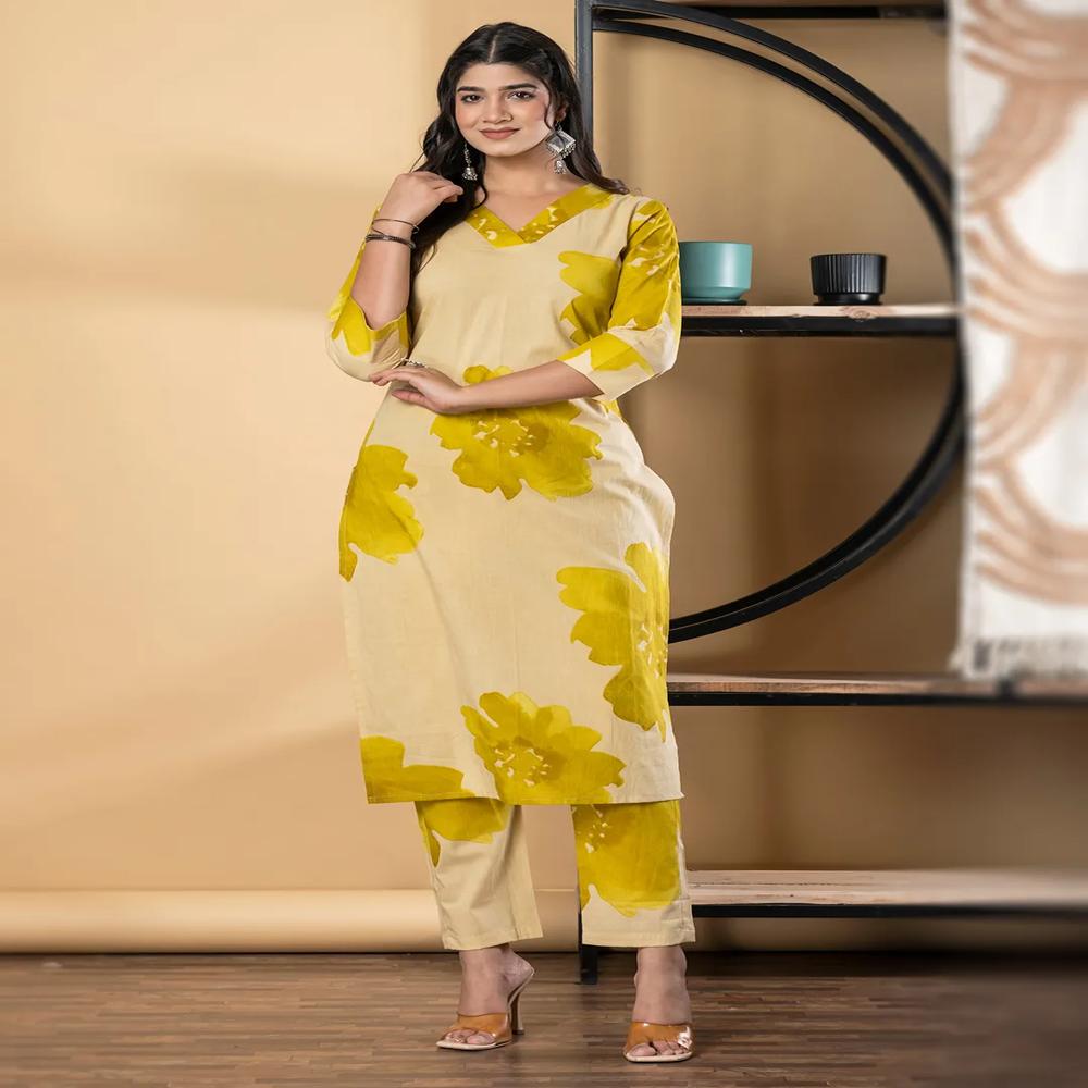 Straight Style Cotton Fabric Gold Color Kurta And Bottom 