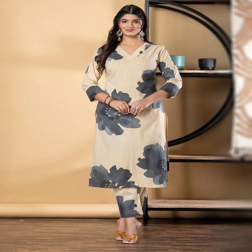 Straight Style Cotton Fabric Grey Color Kurta And Bottom 