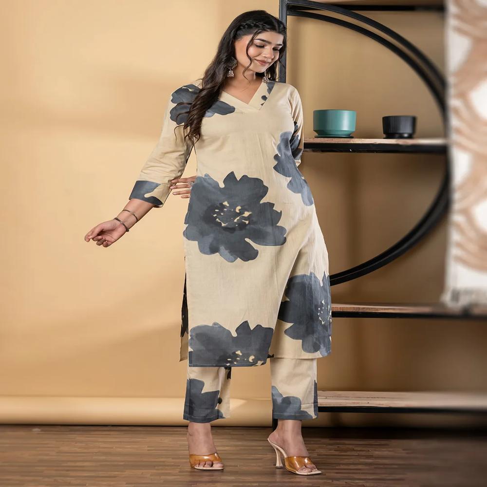 Straight Style Cotton Fabric Grey Color Kurta And Bottom 