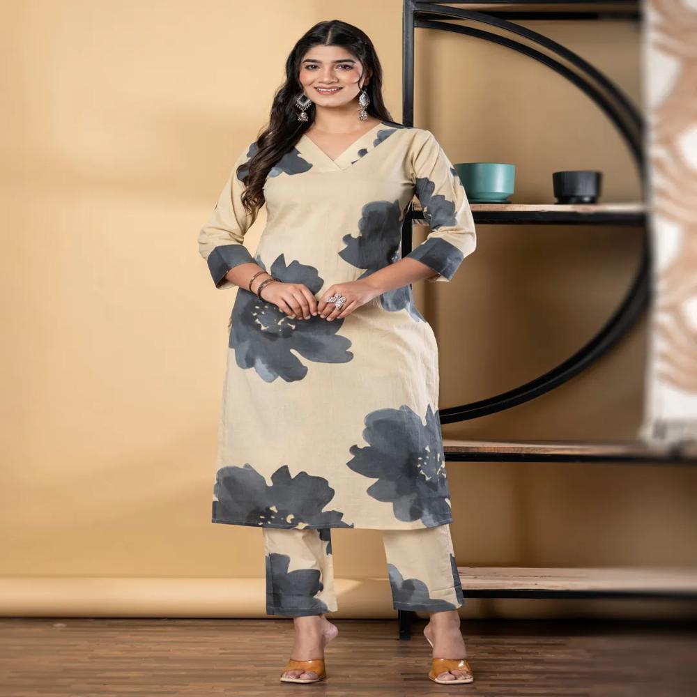 Straight Style Cotton Fabric Grey Color Kurta And Bottom 