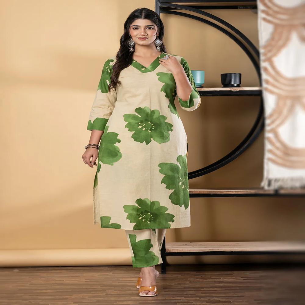 Straight Style Cotton Fabric Green Color Kurta And Bottom 