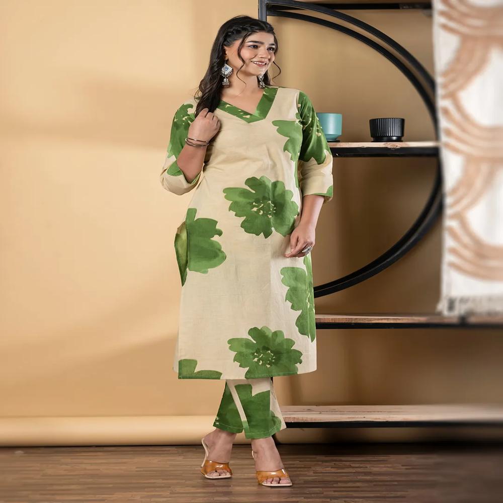 Straight Style Cotton Fabric Green Color Kurta And Bottom 