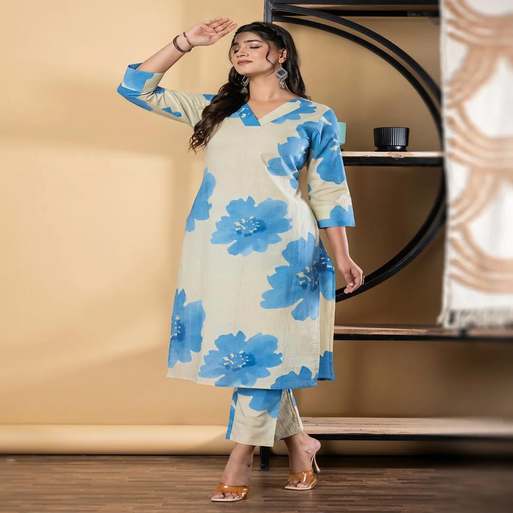 Straight Style Cotton Fabric Blue Color Kurta And Bottom 