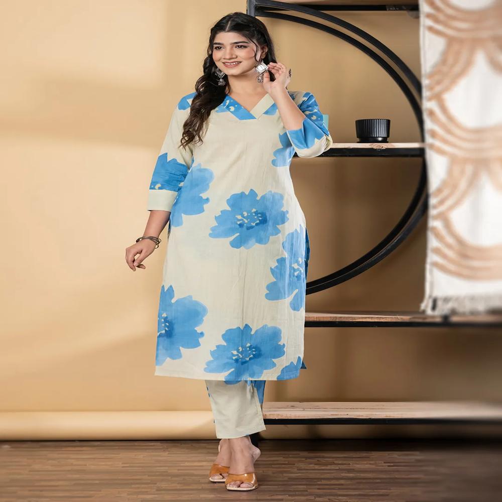 Straight Style Cotton Fabric Blue Color Kurta And Bottom 