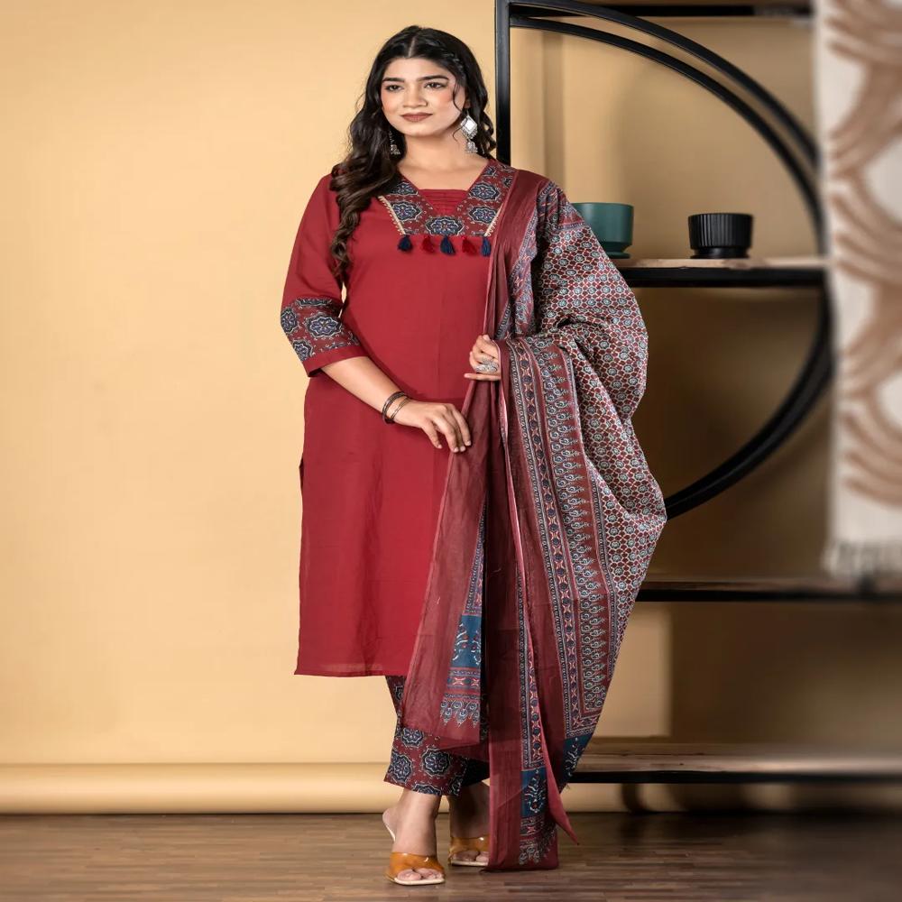 Straight Style Cotton Fabric Maroon Color Kurta And Bottom With Dupatta