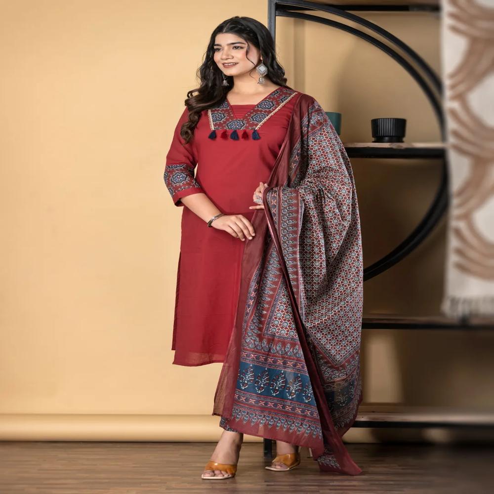 Straight Style Cotton Fabric Maroon Color Kurta And Bottom With Dupatta