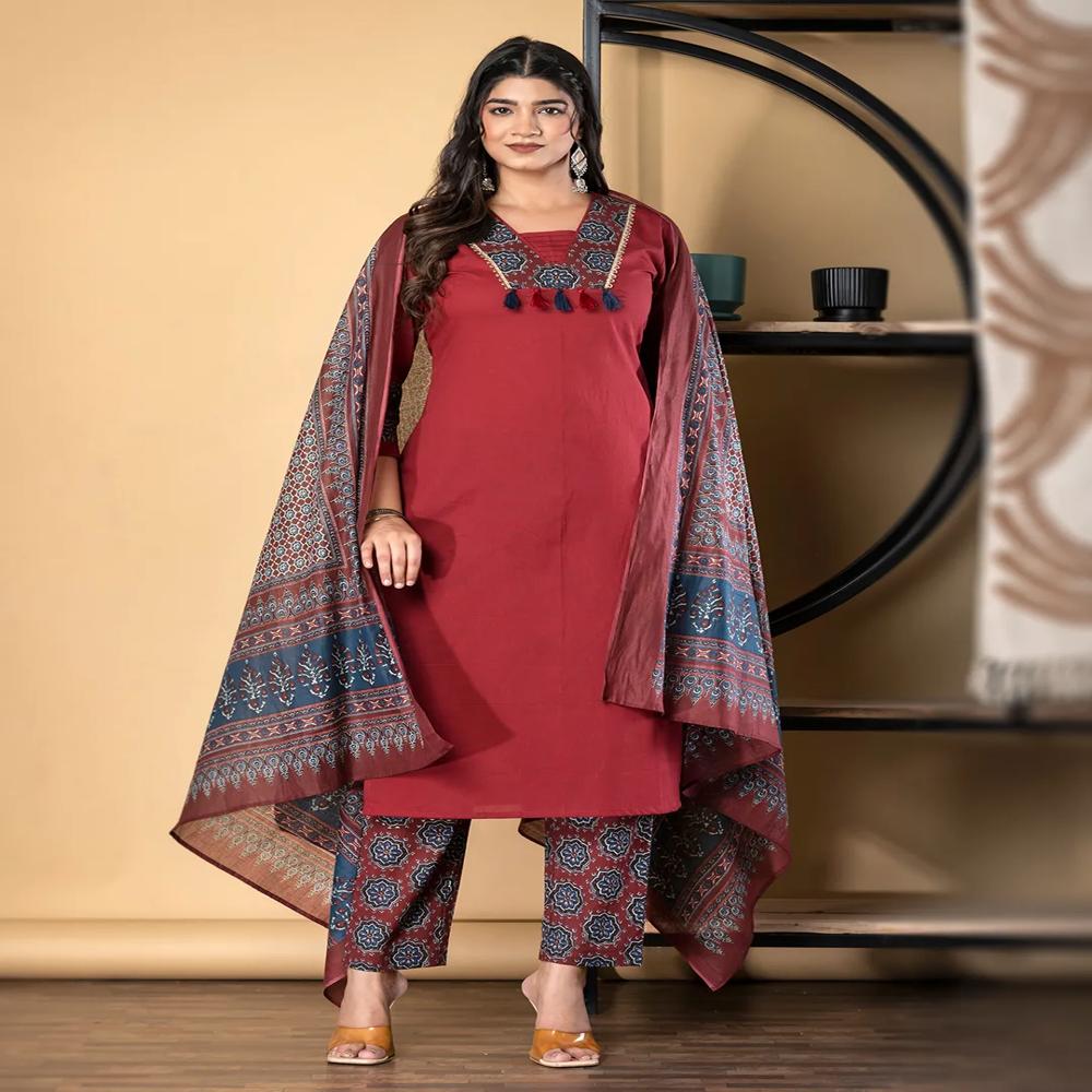 Straight Style Cotton Fabric Maroon Color Kurta And Bottom With Dupatta