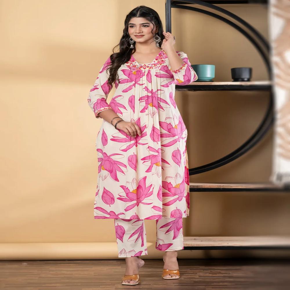 A Line Style Cotton Fabric Pink Color Kurta And Bottom