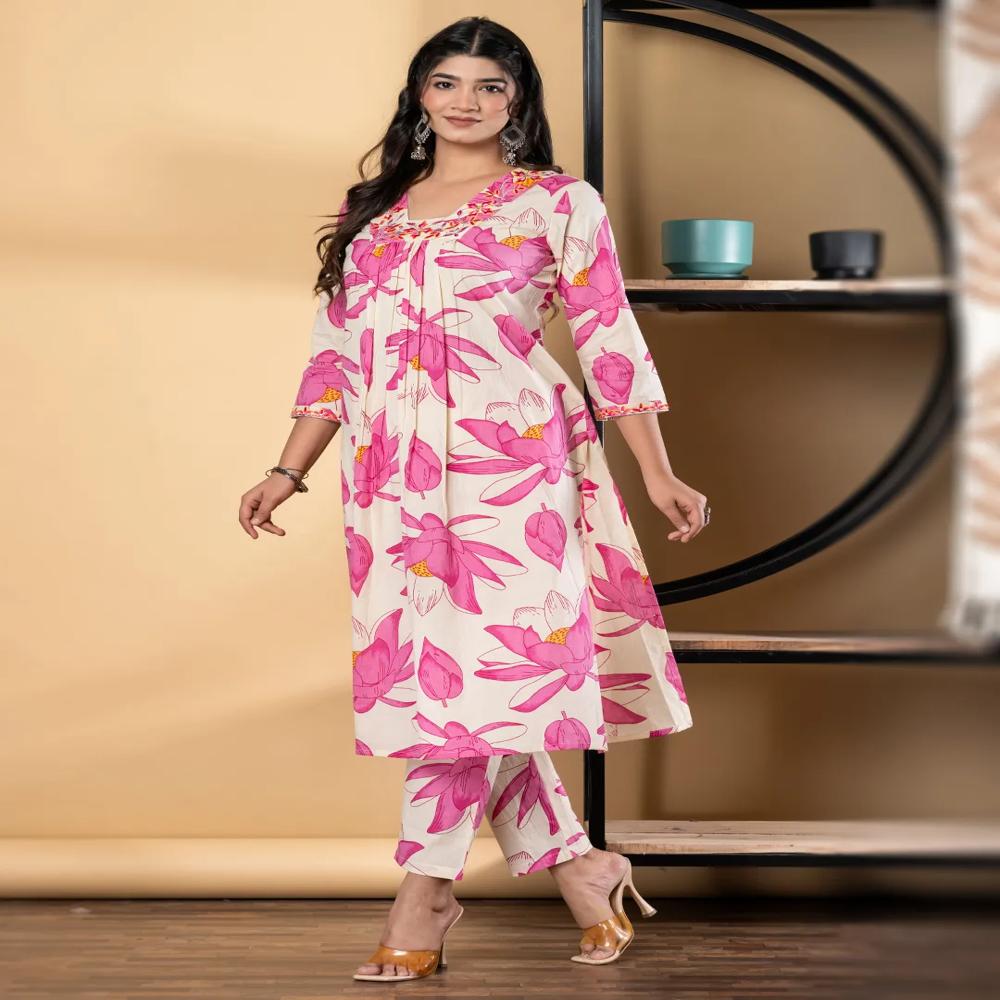 A Line Style Cotton Fabric Pink Color Kurta And Bottom