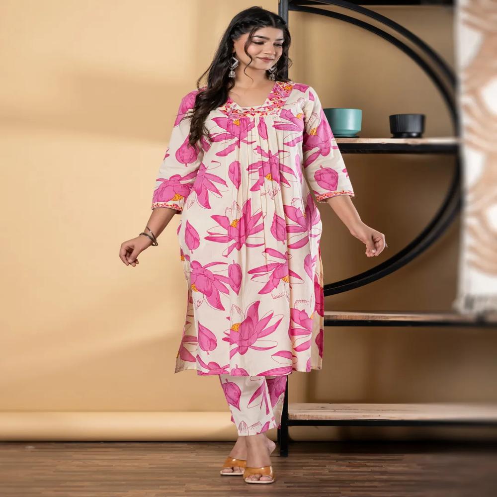 A Line Style Cotton Fabric Pink Color Kurta And Bottom