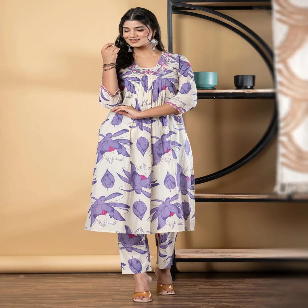 A Line Style Cotton Fabric Purple Color Kurta And Bottom