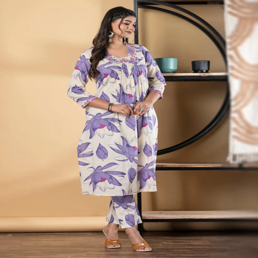 A Line Style Cotton Fabric Purple Color Kurta And Bottom