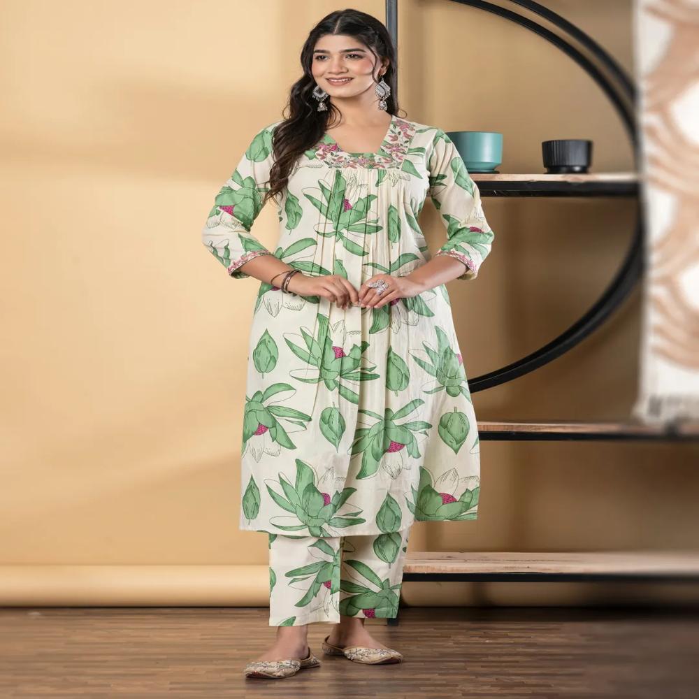 A Line Style Cotton Fabric Green Color Kurta And Bottom