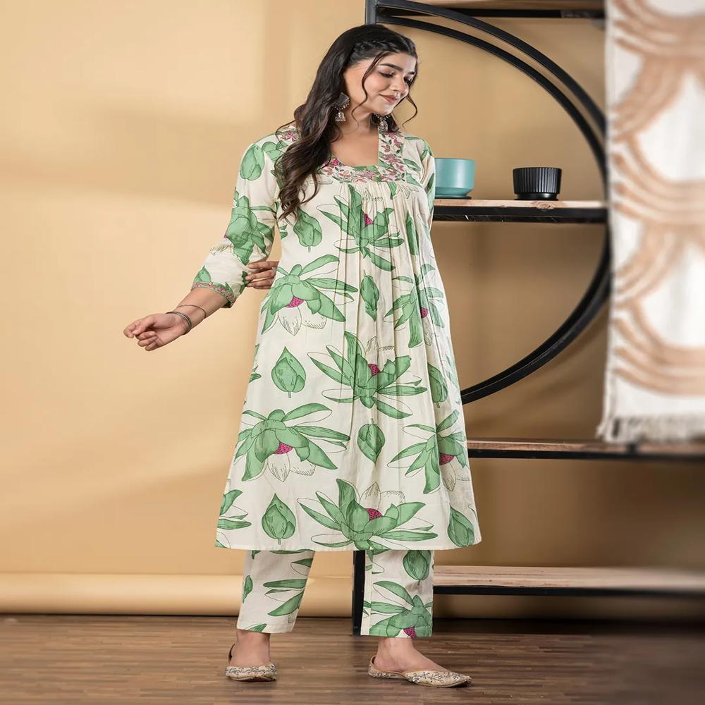 A Line Style Cotton Fabric Green Color Kurta And Bottom