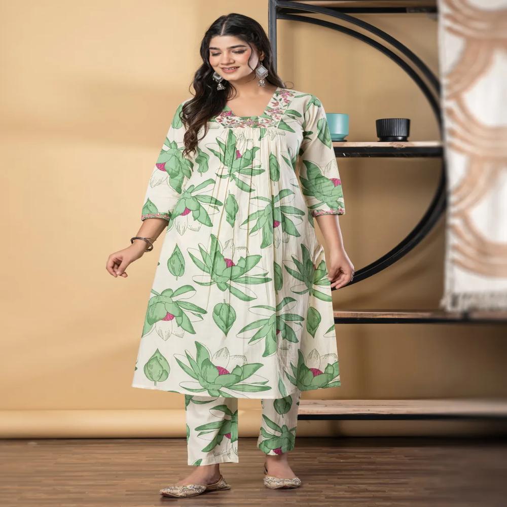 A Line Style Cotton Fabric Green Color Kurta And Bottom
