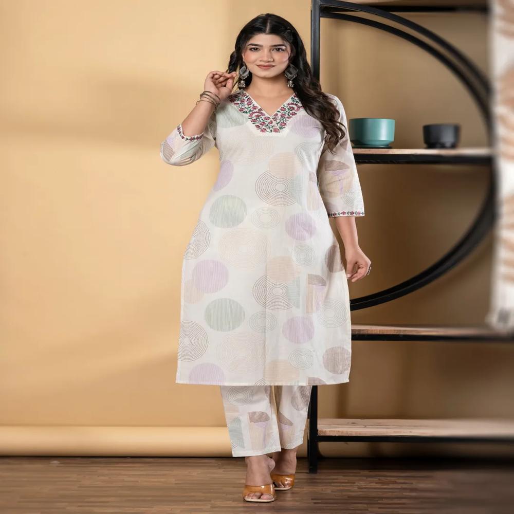 Straight Style Cotton Fabric Green & Off White Color Kurta And Bottom