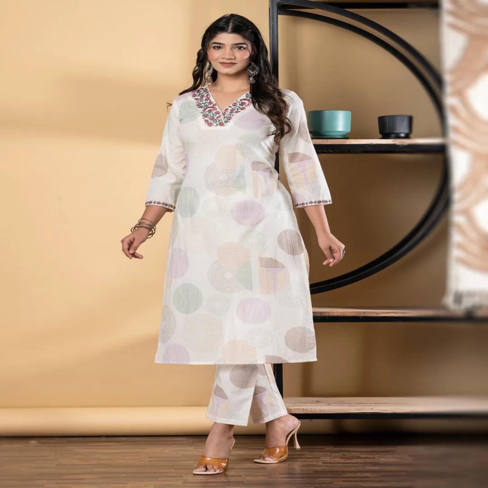 Straight Style Cotton Fabric Green & Off White Color Kurta And Bottom 