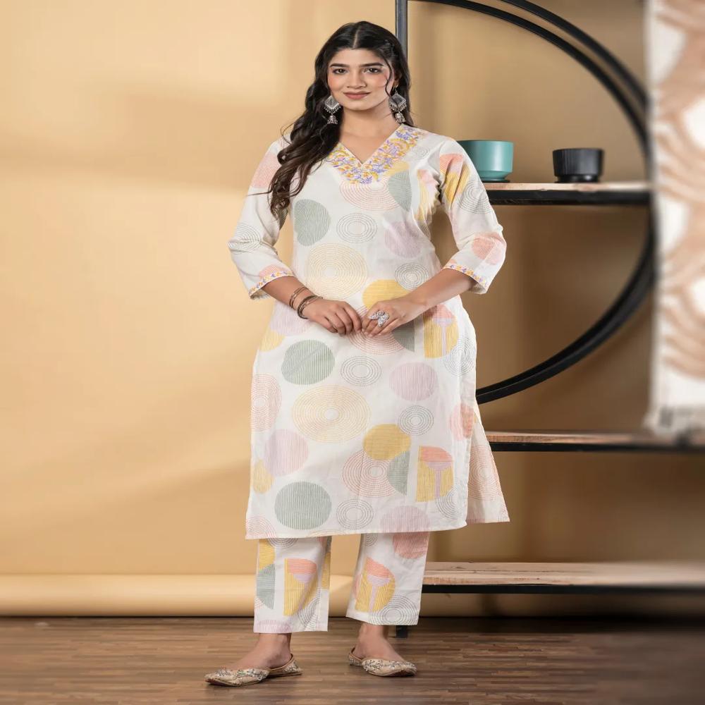 Straight Style Cotton Fabric Orange & Off White Color Kurta And Bottom 