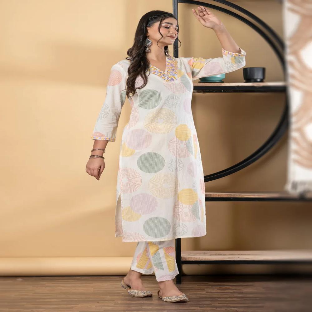 Straight Style Cotton Fabric Orange & Off White Color Kurta And Bottom 