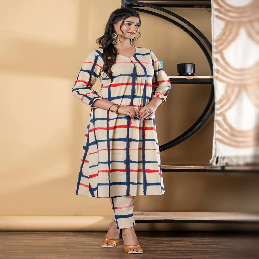 A Line Style Cotton Fabric Red & Cream Color Kurta And Bottom