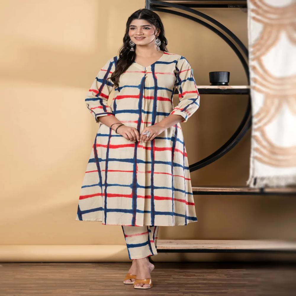 A Line Style Cotton Fabric Red & Cream Color Kurta And Bottom