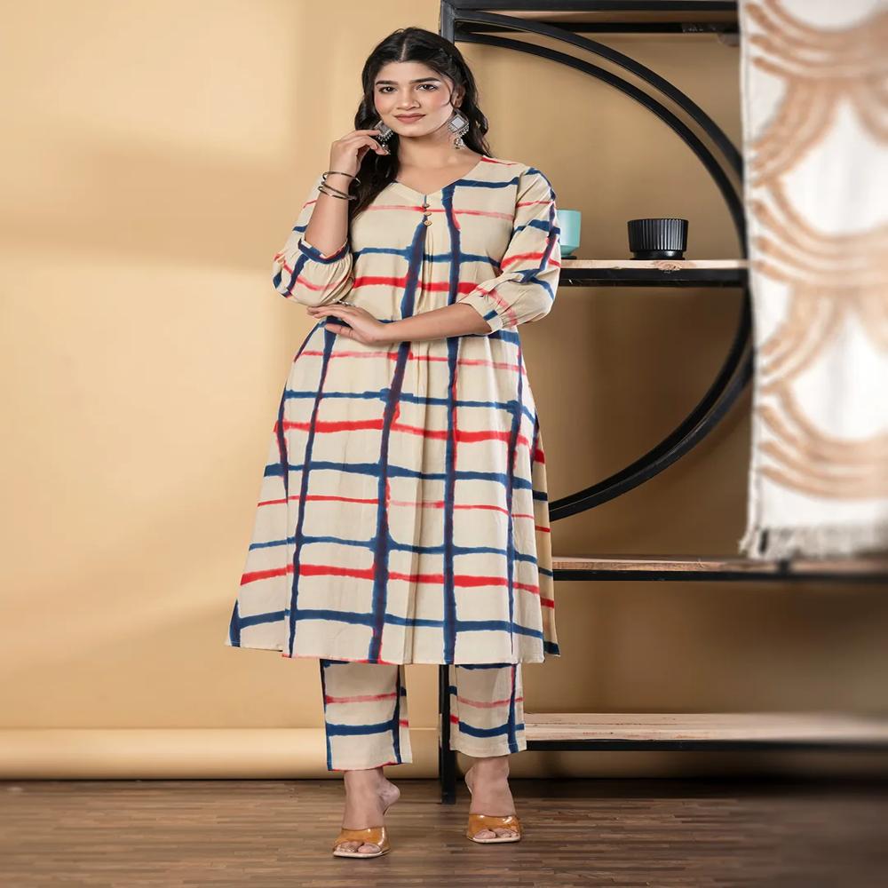 A Line Style Cotton Fabric Red & Cream Color Kurta And Bottom