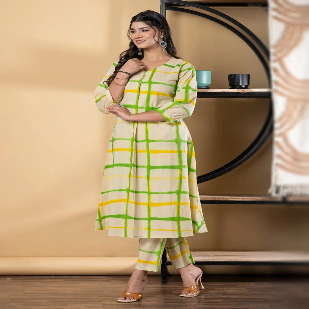 A Line Style Cotton Fabric Red & Cream Color Kurta And Bottom