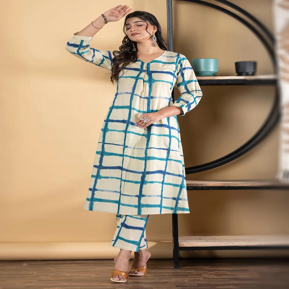 A Line Style Cotton Fabric Blue & Cream Color Kurta And Bottom